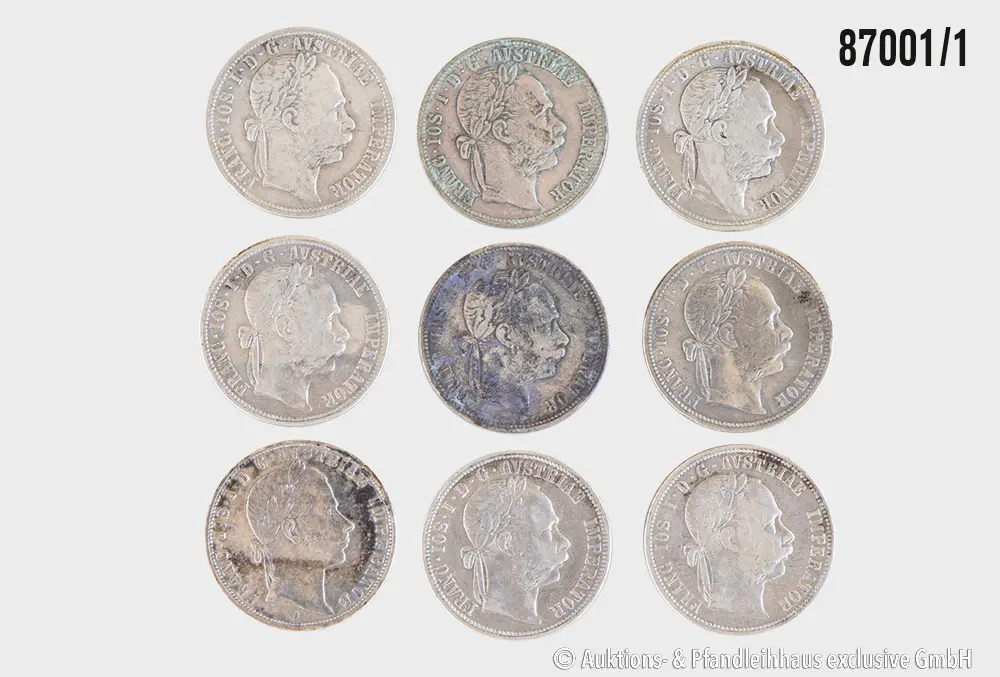 Österreich / Ungarn Konvolut 9x 1 Florin, Jahrgänge 1858 A, 1876