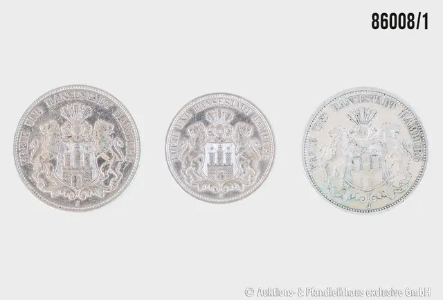 Kaiserreich Konvolut Hamburg 3 Münzen, 1x 3 Mark 1911 J, 2x 5 Mark