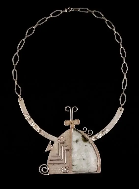 Silver and Jadeite Abstract Modernist Necklace