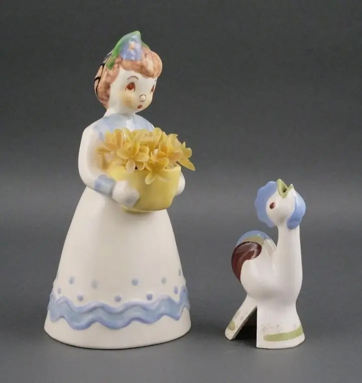 (2) Vintage Ceramic Girl & Rooster Figurines