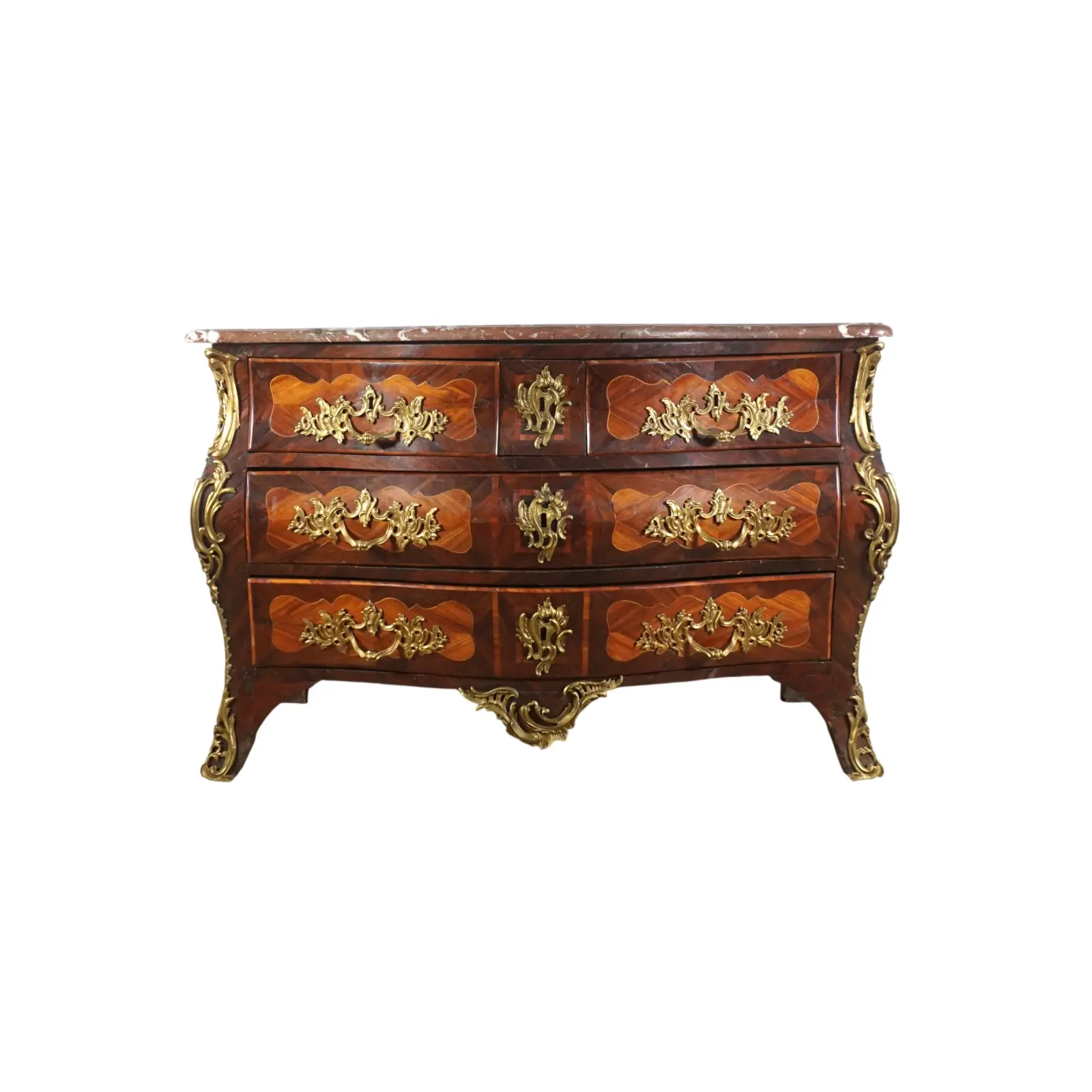 Commode galbée dite tombeau bois et frisage de bois de...