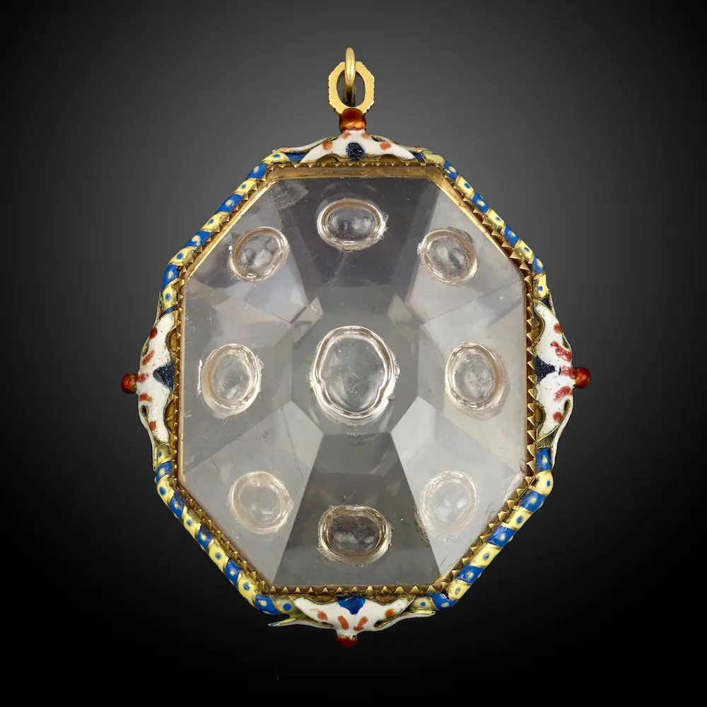 A rock crystal locket, mounted with gold and enamels; Italian or Spanish