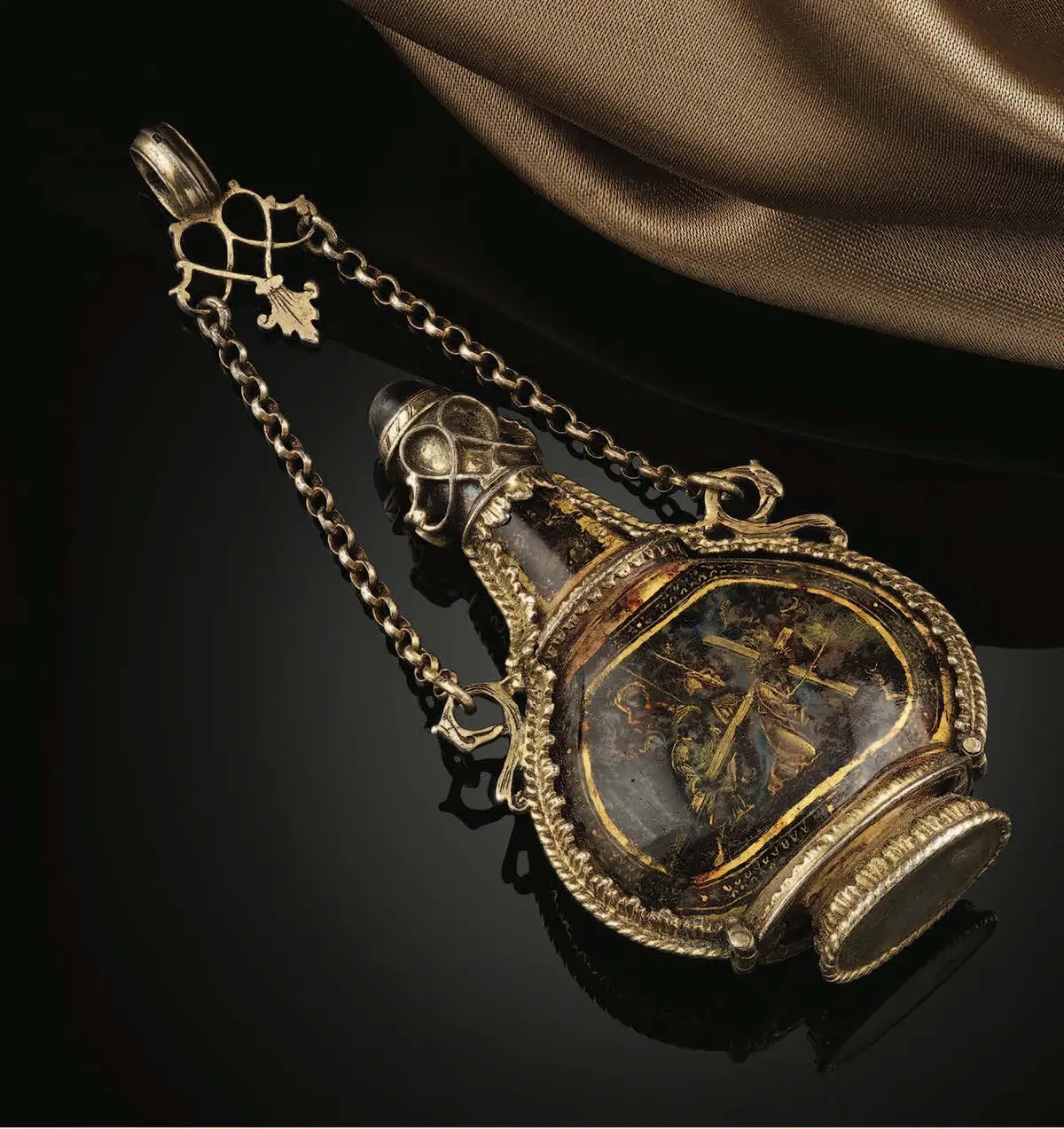 A Rock Crystal Flask with Silver Gilt Mounts and Chain; 16th century, Italian