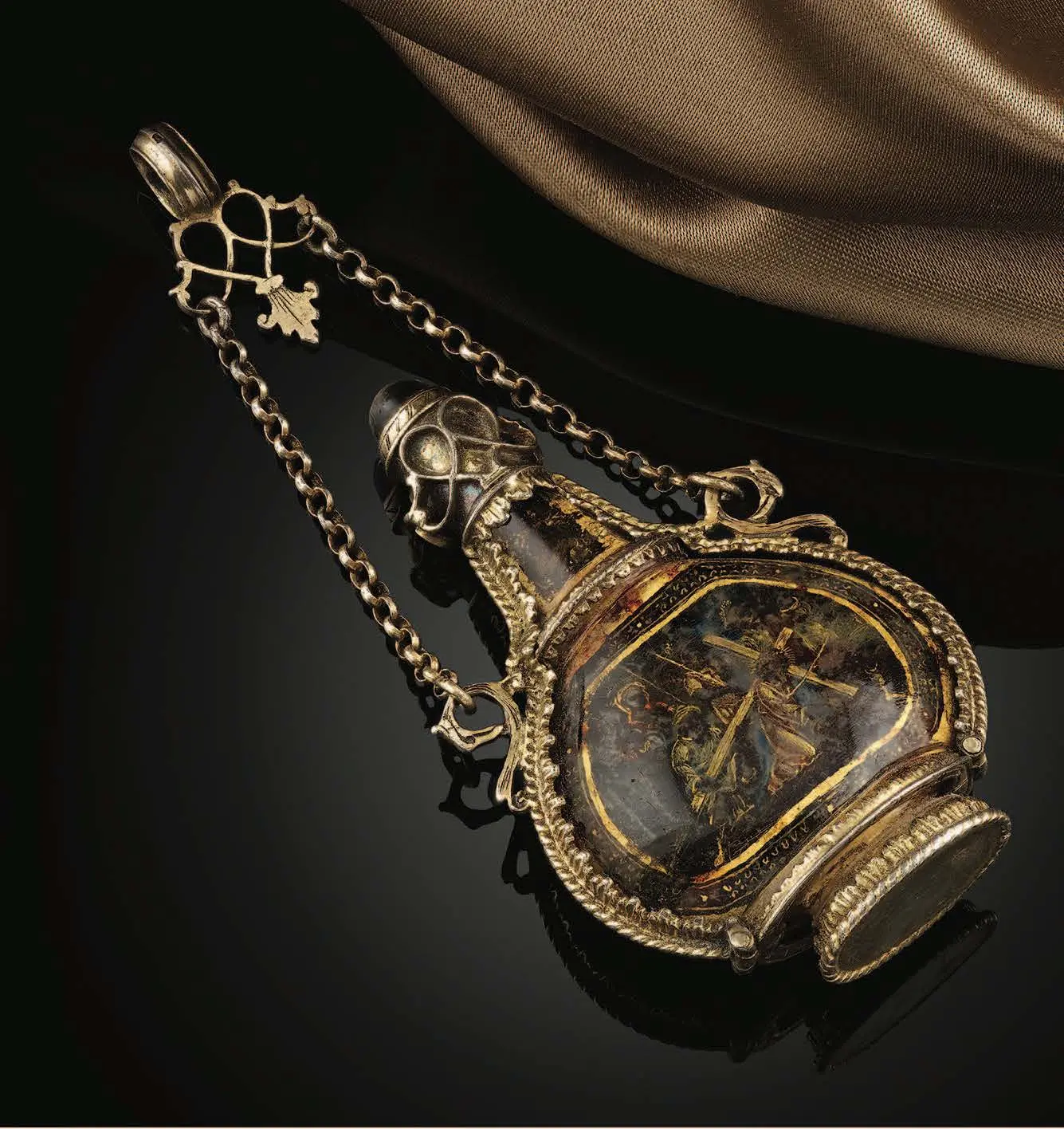A Rock Crystal Flask with Silver Gilt Mounts and Chain; 16th century, Italian