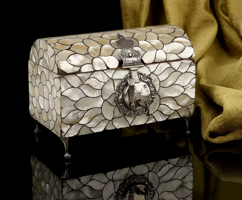A Spanish Colonial Antique Mother of pearl casket with silver mounts