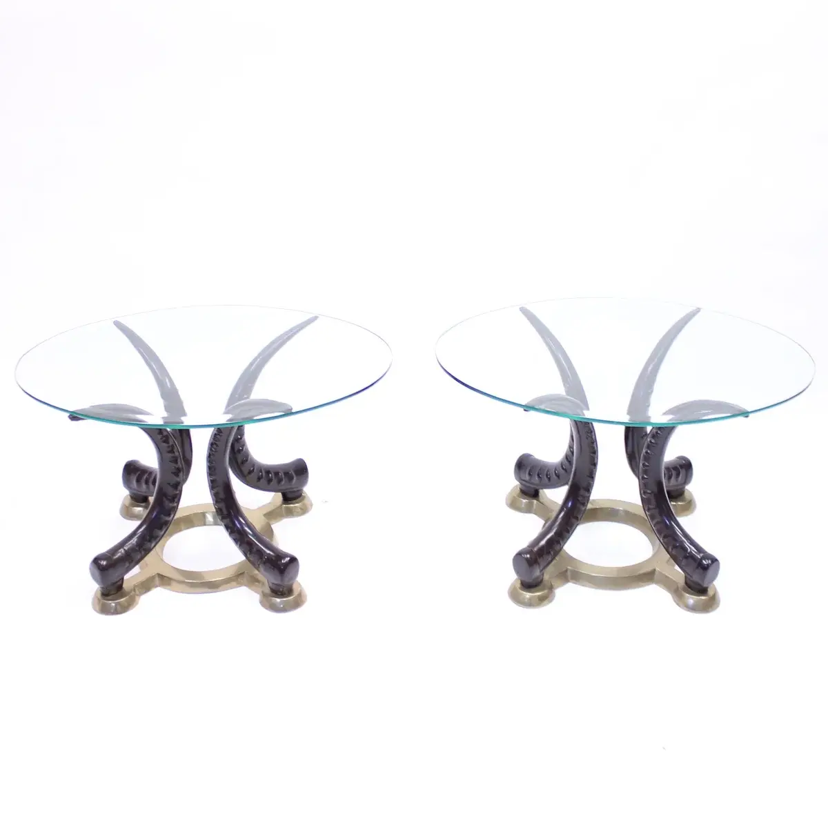 Pair of vintage brass and faux tusks side or coffee tables, ca 1980