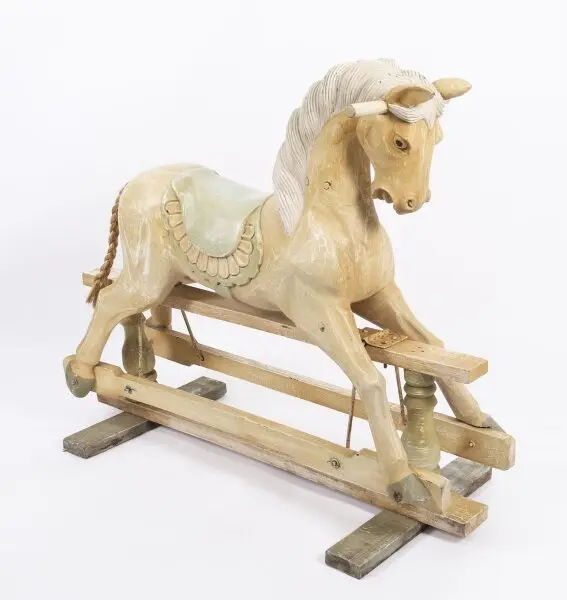 Vintage French Blond Polychromed Rocking Horse Mid 20th Century