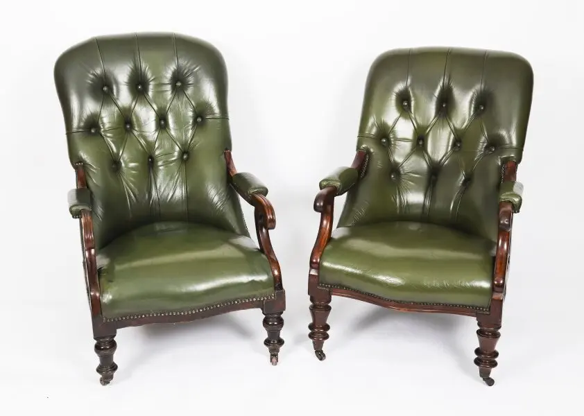 Antique Pair Victorian His & Hers Green Leather Armchairs 19th C