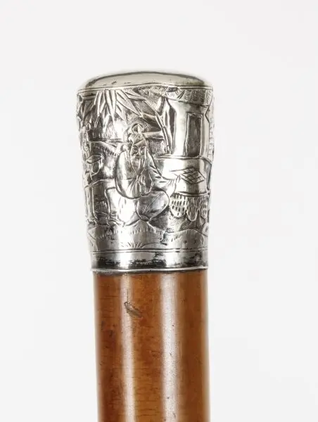 Antique Chinese Silver & Malacca Walking Stick Cane 19th C 92cm/36inches