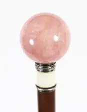 Antique Pink Quartz Sphere Mounted Enamel Walking Stick Cane C1890