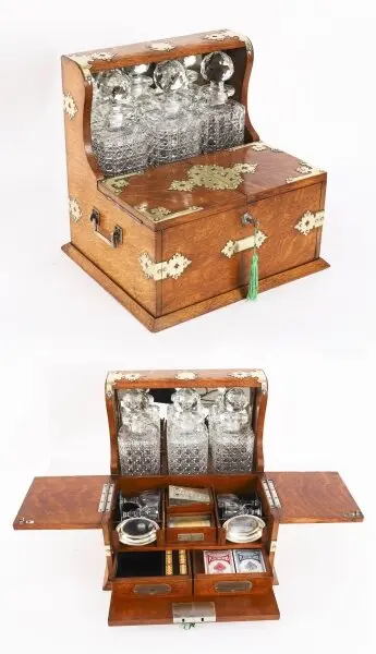 Antique 3 Decanter Golden Oak Tantalus Dry Bar Games Compendium 19th C