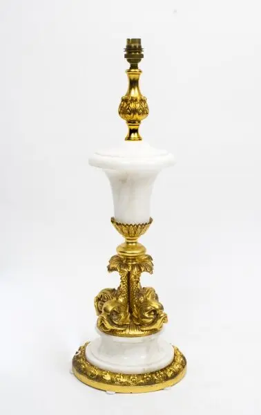 Vintage Ormolu & Marble Dolphin Table Lamp Louis Revival