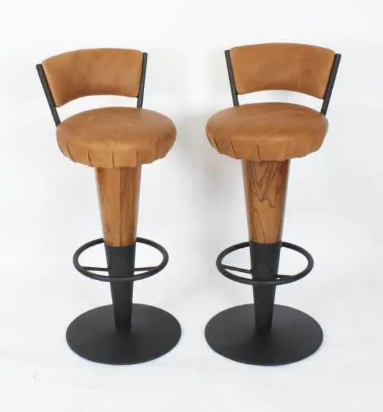 Antique Pair Walnut and Tan Leather Art Deco Bar Stools 20th Century