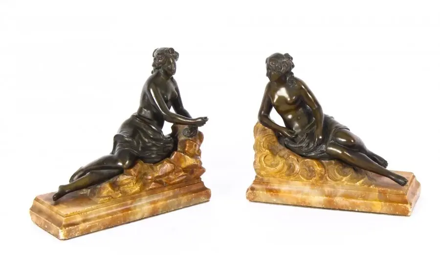 Antique Pair Bronze Semi-Nude Classical Ladies Sculptures / Bookends 19th Cent