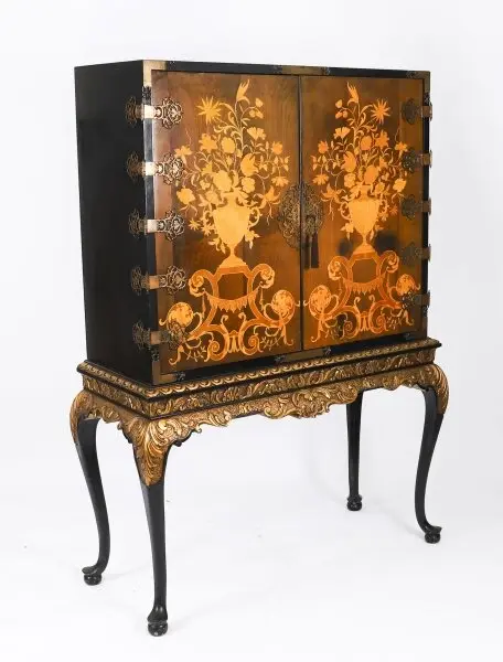 Antique Black Lacquered Marquetry Cocktail Cabinet on Stand 20th C