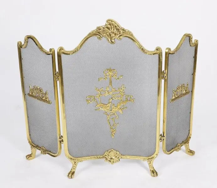 Antique French Rococo Flaming Torch Gilt Bronze Triple Fire Screen C1870