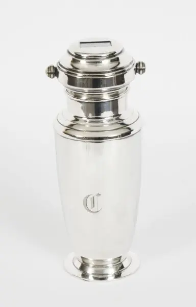 Antique Art Deco Silver Plated Cocktail Shaker With Rolling Mixer Recipes C1920