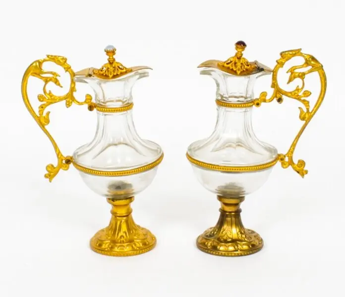 Antique Pair of French Ormolu & Glass Ewers 19th Century