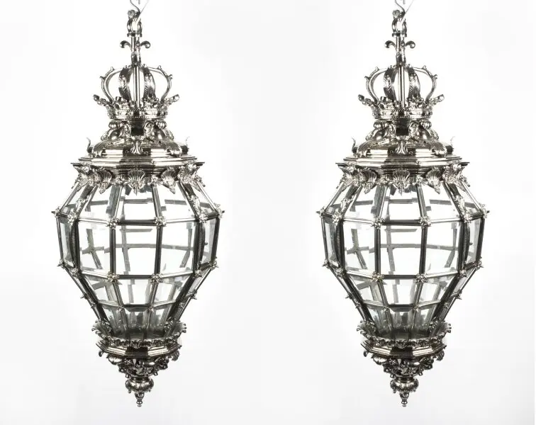Vintage Pair Versailles Silver Bronze Diamond Baluster Lanterns 20th C
