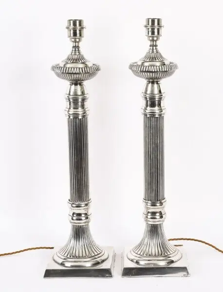 Antique Monumental Pair Silver Plated Art Deco Table Lamps 20th C