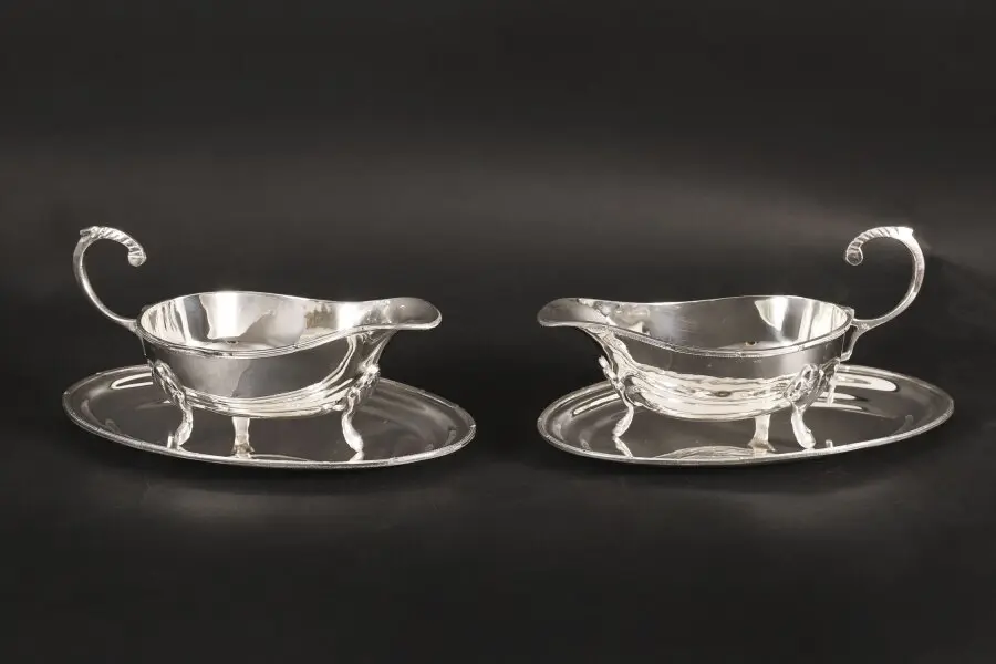 Antique Pair English Silver Plated Sauce Boats on Stands Circa 1910
