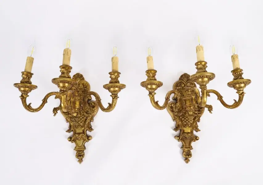 Antique Pair French Gilt Bronze Ormolu Wall Lights Appliques Circa 1900