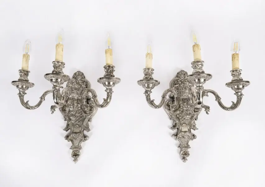 Antique Pair French Silver Plated Wall Lights Appliques Circa 1900