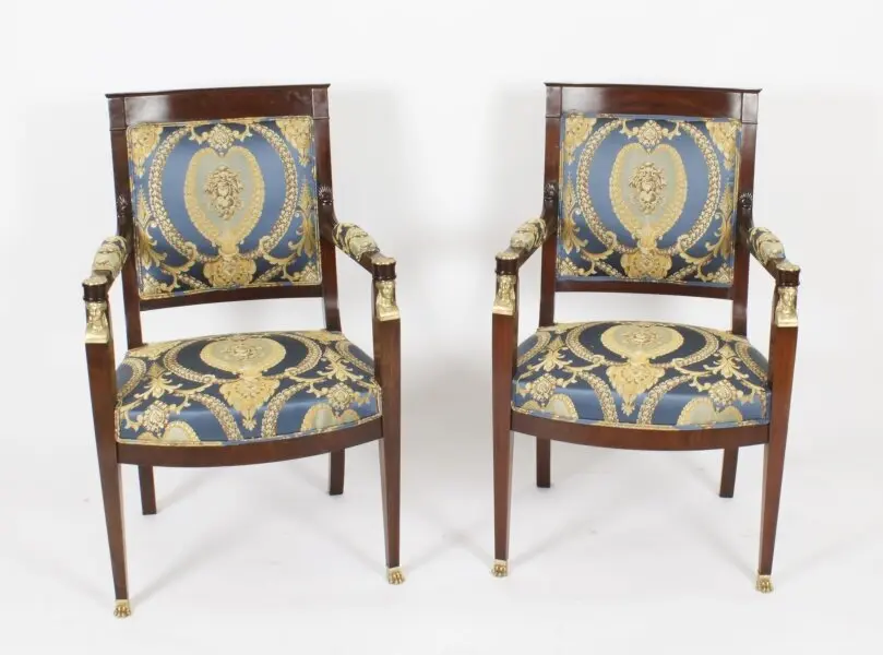 Antique Pair French Empire Revival Ormolu Mounted Armchairs C1870 19th C