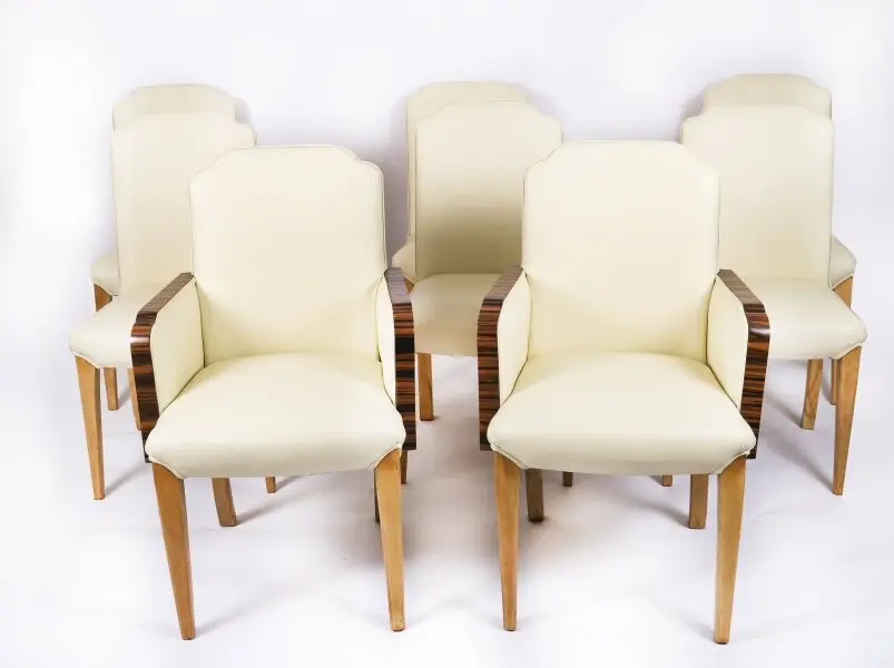Antique Set 8 Art Deco Burr Walnut Cloud Back Chairs - Epstein Circa 1920