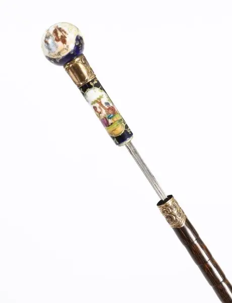 Antique French Gold Plate & Porcelain Walking Sword Stick19th C 84cm 33'
