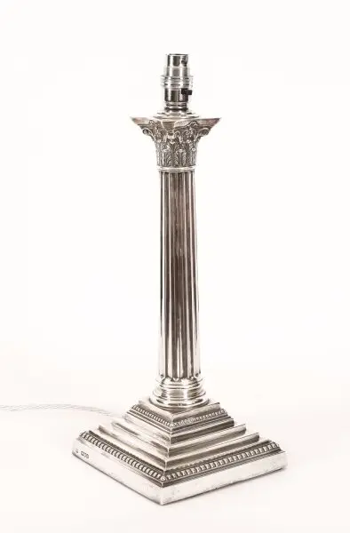 Antique Sterling Silver Corinthian Column Table Lamp Goldsmiths 1899 19th C