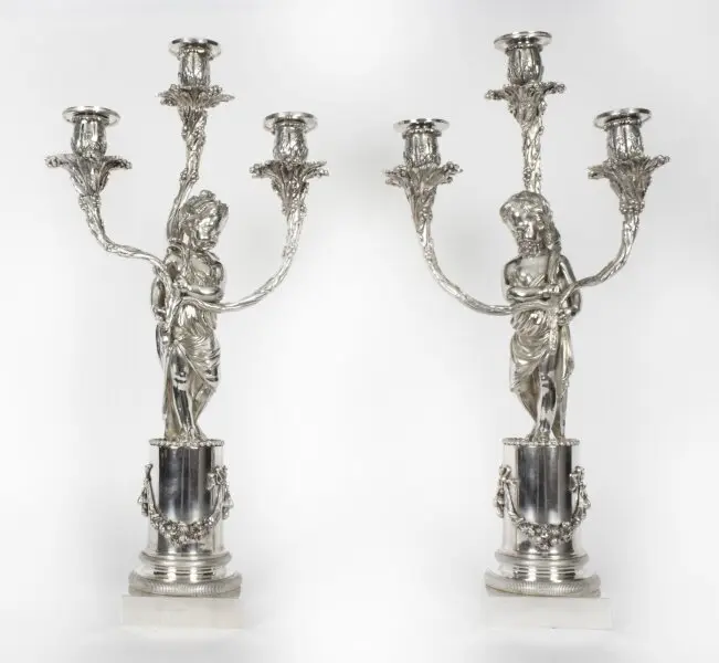 Antique Pair Silver Plated Three Light Cherub Figural Candelabra Circa 1880