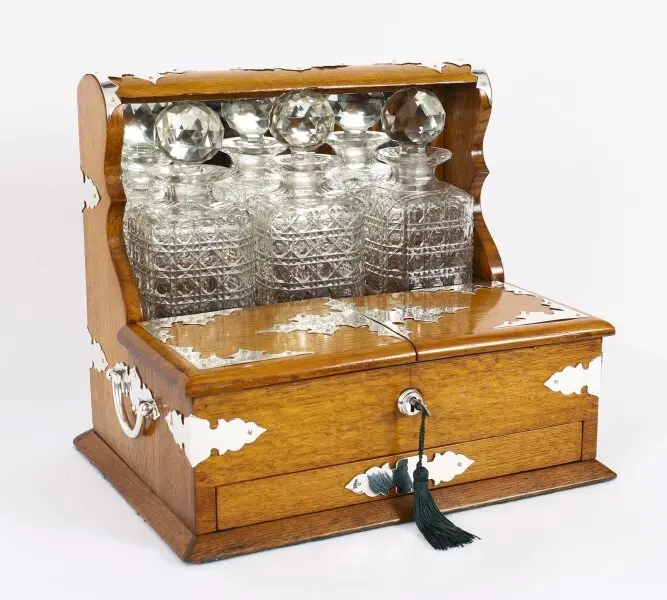 Antique Blonde Oak Tantalus Dry Bar 3 Decanter & Games Compendium 19th C