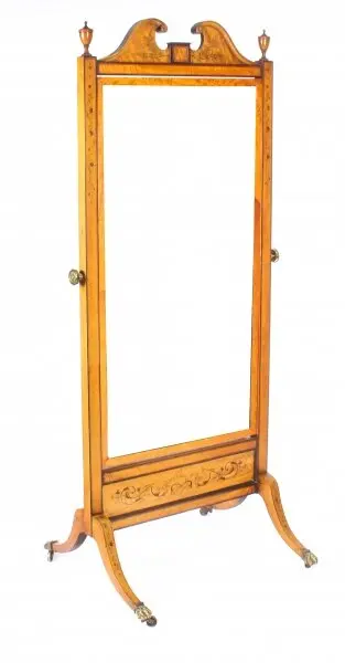 Antique Edwardian Satinwood Marquetry Inlaid Cheval Mirror c.1900