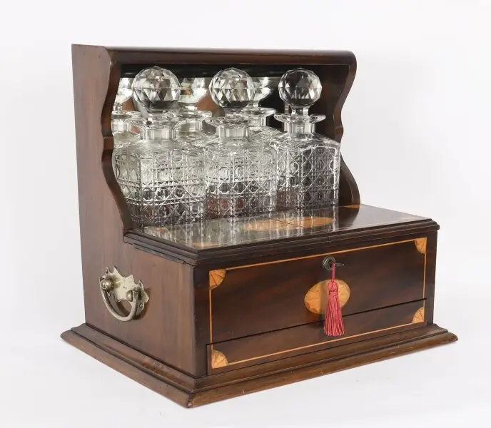 Antique Three Cut Crystal Decanter Inlaid Mahogany Tantalus & Games 19th C