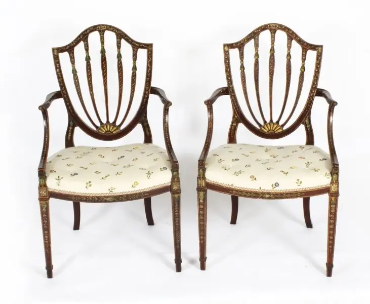 Antique Pair George III Polychrome Decorated Open Armchairs C1785 18th C