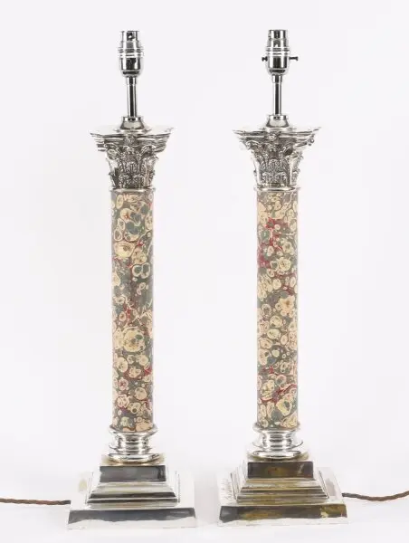 Antique Pair 2ft Silver Plated Corinthian Column Table Lamps 20th C