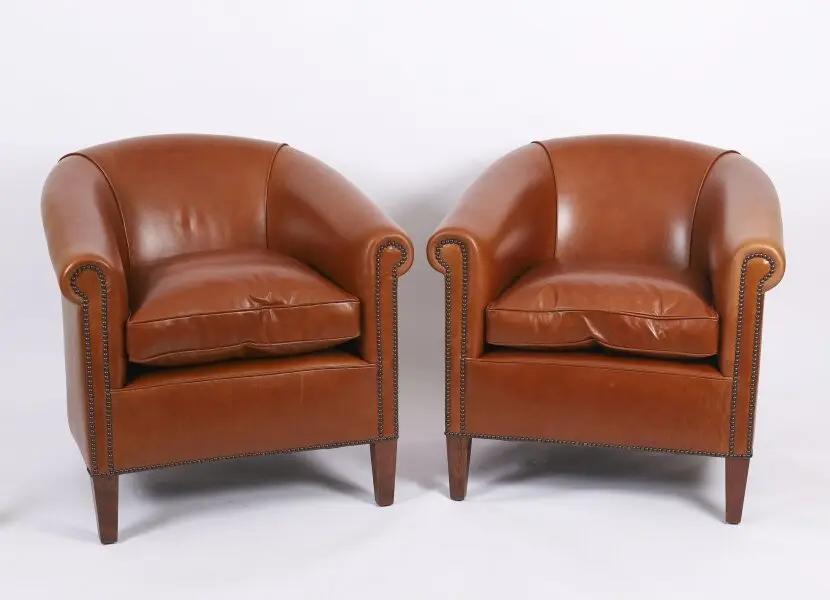 Bespoke Pair English Handmade Amsterdam Leather Arm Chairs Malt