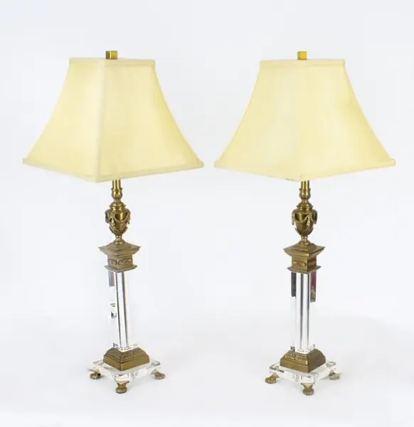 Vintage Pair Corinthian Column Ormolu & Glass Table Lamps Mid 20th Century