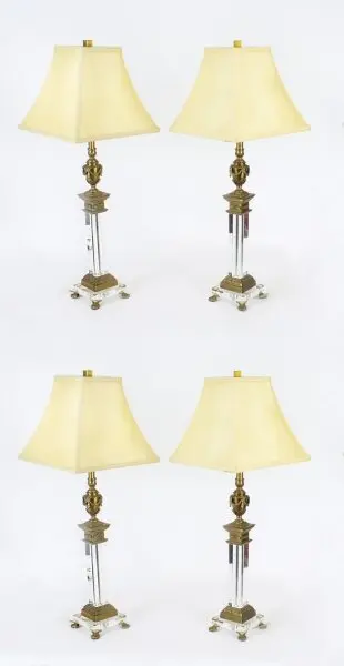 Vintage Set of 4 Corinthian Column Ormolu & Glass Table Lamps Mid 20th Century