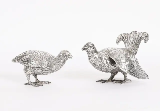 Antique Pair Belgian Silver Grouse Game Birds 19th C