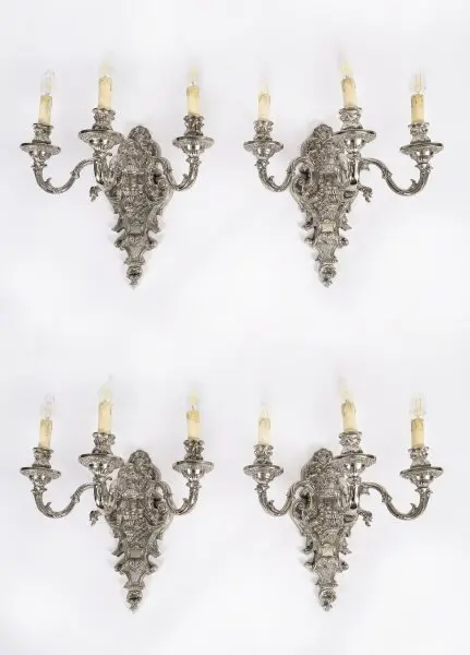 Antique Set of 4 French Silver Plated Wall Lights Appliques Circa 1900