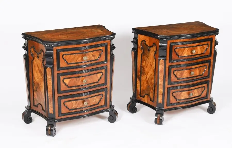 Antique Pair Italian Burr Walnut Serpentine Bedside Chests 18th C