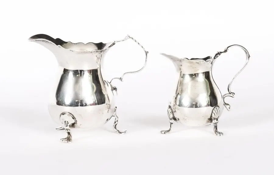 Antique Graduating Pair Victorian Sterling Silver Cream Jugs Chester 1864