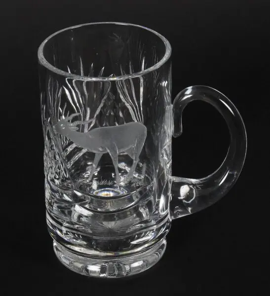 Vintage Cut Glass Tankard Engraved with Stag Signed ACC Mid 20th Century