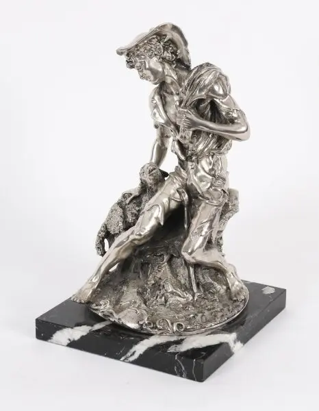 Antique Italian Silvered Bronze Sculpture Shepherd and Lamb 19th C