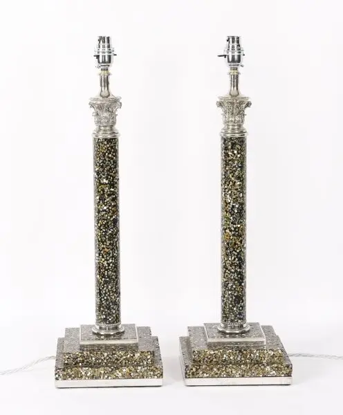 Vintage Pair 2ft Silver Plate & Agate Corinthian Column Table Lamps 20th C