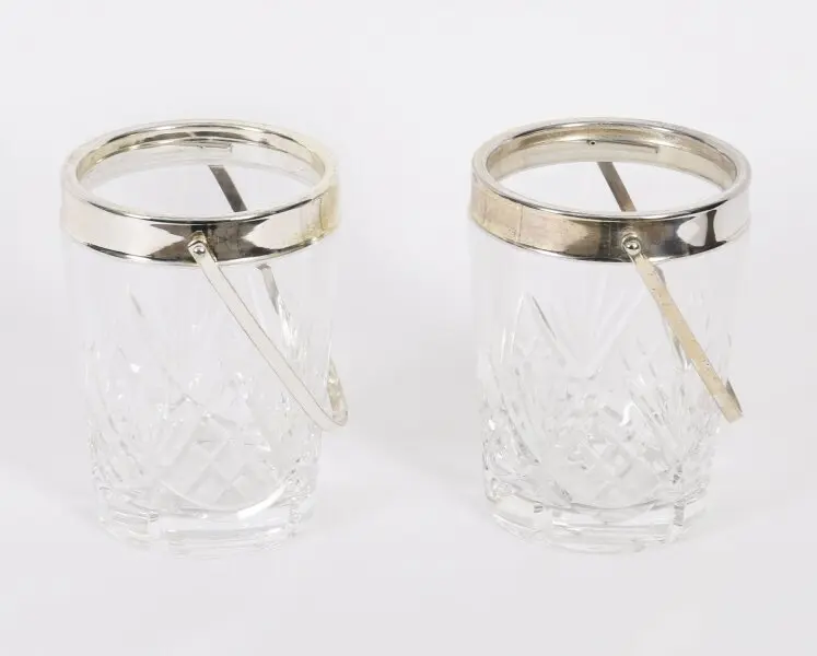 Vintage Pair Silver Plated & Crystal Ice Pail Bucket Mid 20th Century