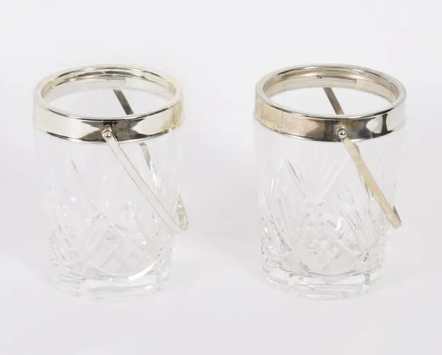 Vintage Pair Silver Plated & Crystal Ice Pail Bucket Mid 20th Century