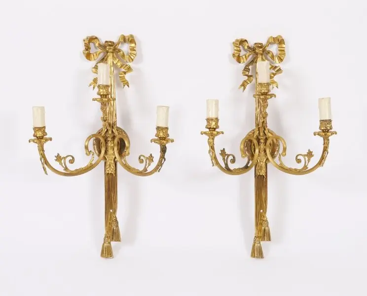 Antique Pair Ormolu Three Branch Wall Lights Sconces Circa 1870 19th C
